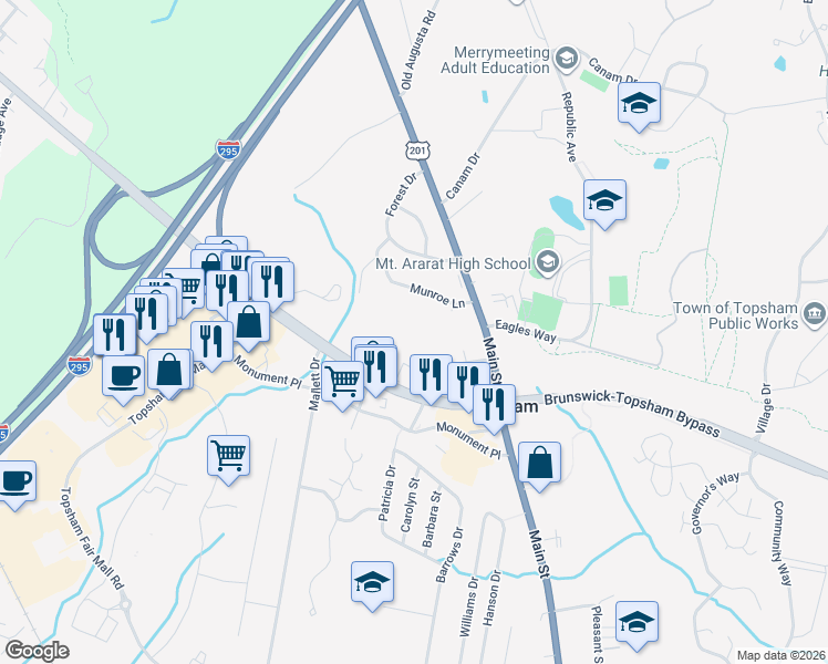 map of restaurants, bars, coffee shops, grocery stores, and more near 4 Union Park in Topsham