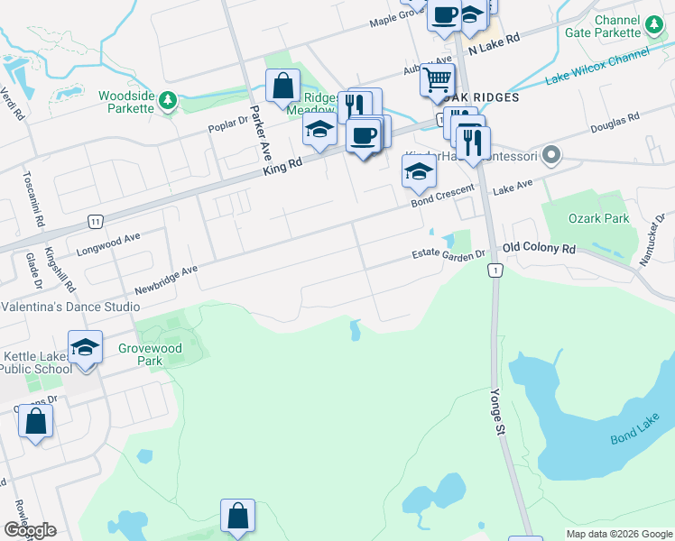 map of restaurants, bars, coffee shops, grocery stores, and more near 96 Estate Garden Drive in Richmond Hill