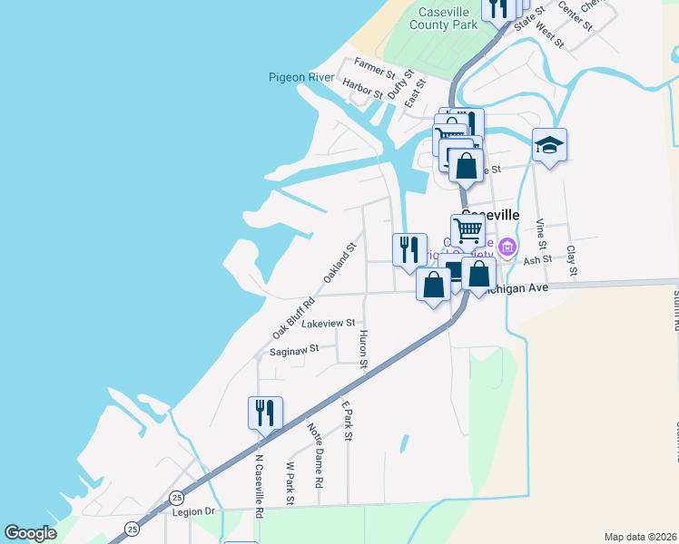 map of restaurants, bars, coffee shops, grocery stores, and more near 6753 Oakland Street in Caseville