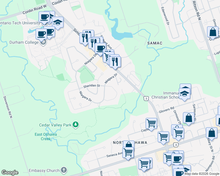map of restaurants, bars, coffee shops, grocery stores, and more near 1730 Canadore Crescent in Oshawa