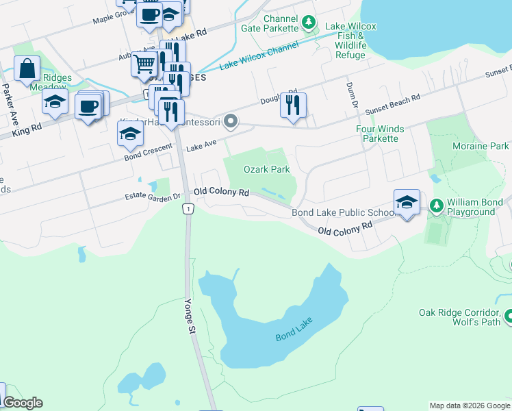 map of restaurants, bars, coffee shops, grocery stores, and more near 15 Old Colony Road in Richmond Hill