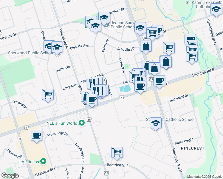 map of restaurants, bars, coffee shops, grocery stores, and more near 1377 Clearbrook Drive in Oshawa