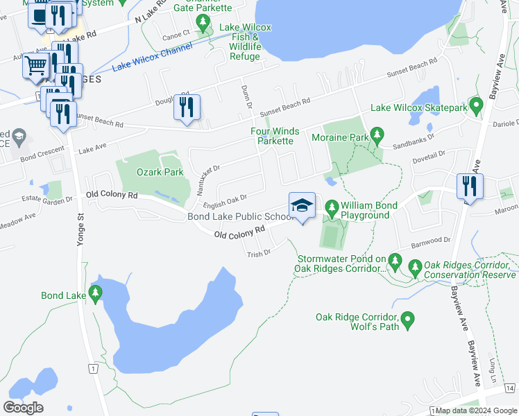 map of restaurants, bars, coffee shops, grocery stores, and more near 68 Lebovic Drive in Richmond Hill
