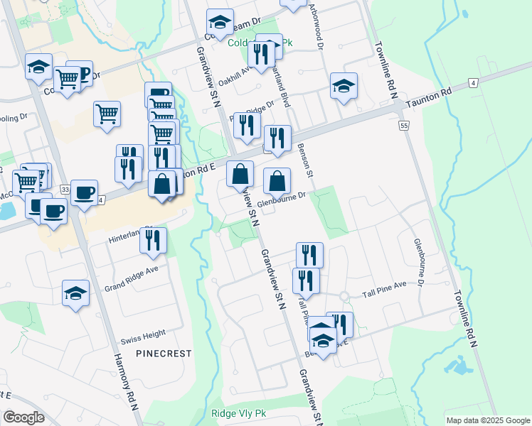 map of restaurants, bars, coffee shops, grocery stores, and more near 1070 Glenbourne Drive in Oshawa