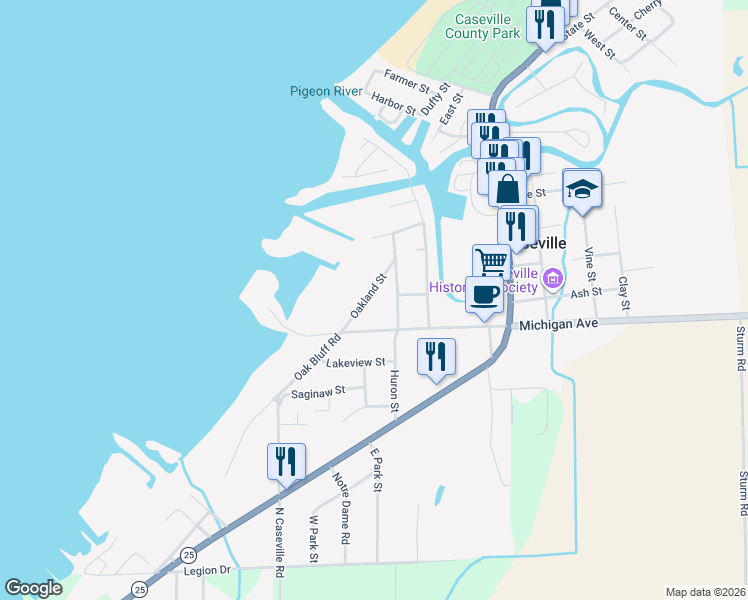 map of restaurants, bars, coffee shops, grocery stores, and more near 6753 Oakland Street in Caseville