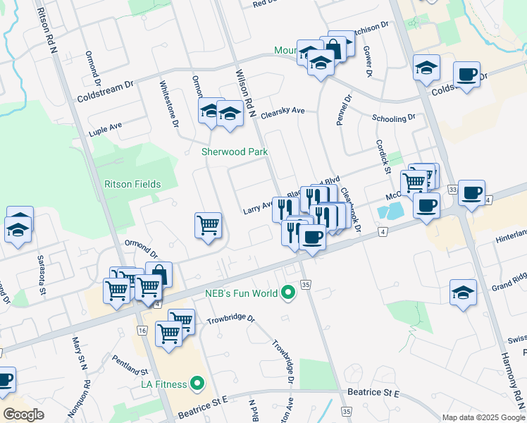 map of restaurants, bars, coffee shops, grocery stores, and more near 525 Larry Avenue in Oshawa
