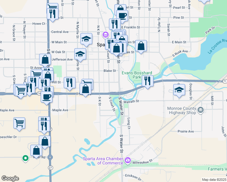 map of restaurants, bars, coffee shops, grocery stores, and more near 110 West Wisconsin Street in Sparta
