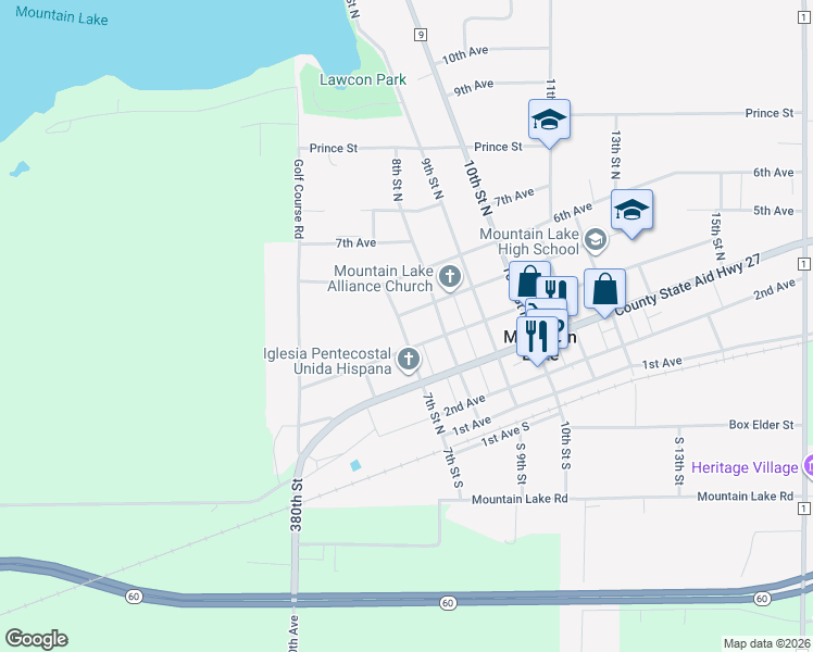 map of restaurants, bars, coffee shops, grocery stores, and more near 412 7th Street South in Mountain Lake
