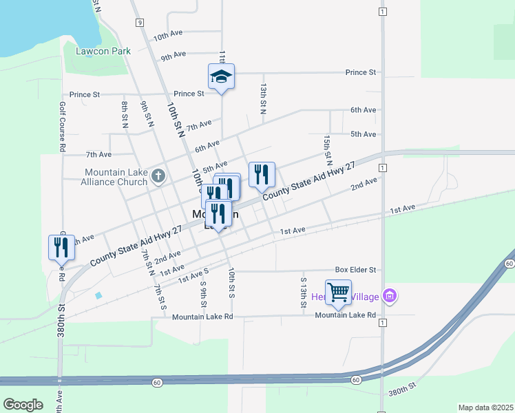 map of restaurants, bars, coffee shops, grocery stores, and more near 1130 3rd Avenue in Mountain Lake