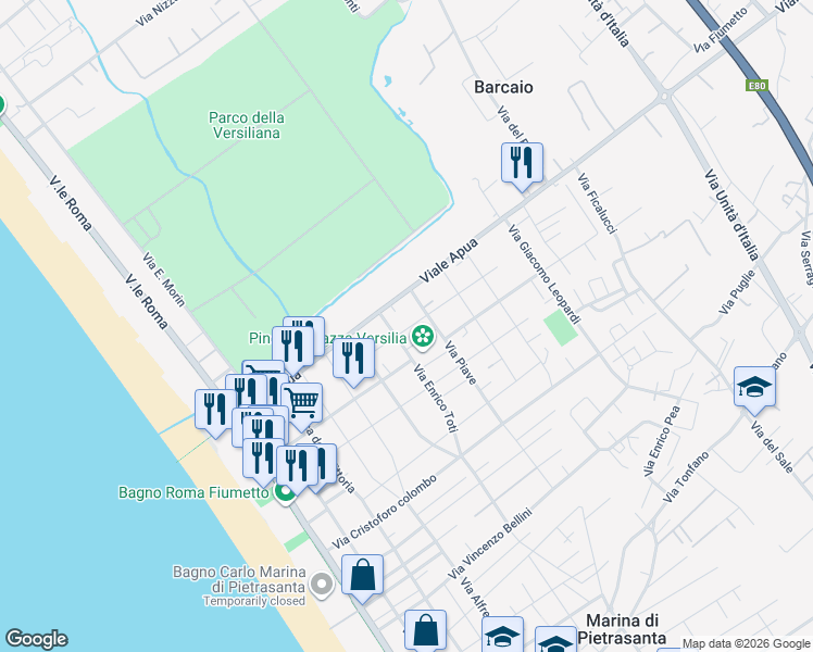 map of restaurants, bars, coffee shops, grocery stores, and more near 29 Via Michelangelo Buonarroti in Marina di Pietrasanta