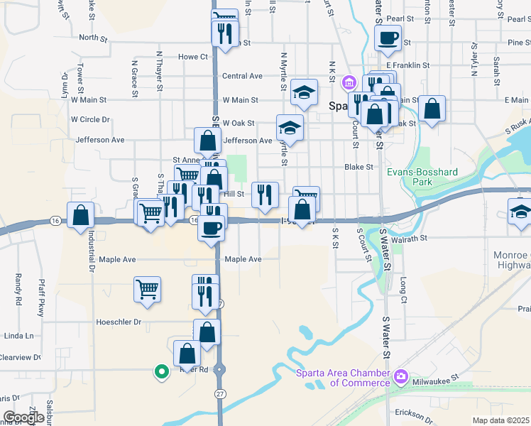 map of restaurants, bars, coffee shops, grocery stores, and more near 516 West Wisconsin Street in Sparta
