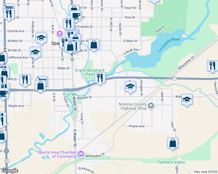 map of restaurants, bars, coffee shops, grocery stores, and more near 427 East Wisconsin Street in Sparta