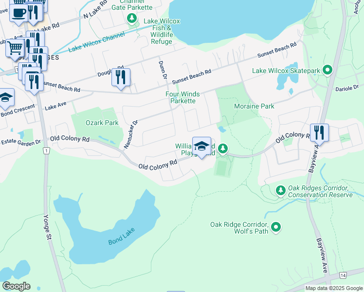 map of restaurants, bars, coffee shops, grocery stores, and more near 84 Lebovic Drive in Richmond Hill