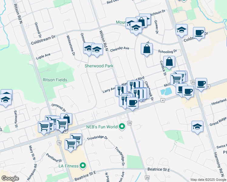 map of restaurants, bars, coffee shops, grocery stores, and more near 525 Larry Avenue in Oshawa