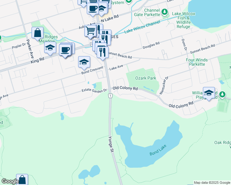map of restaurants, bars, coffee shops, grocery stores, and more near 114 9 Old Colony Road in Richmond Hill