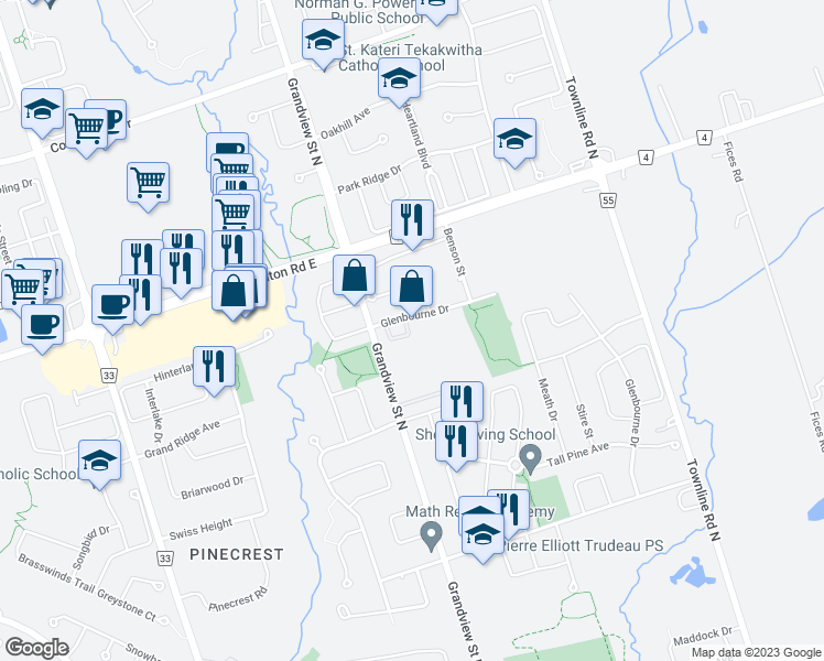 map of restaurants, bars, coffee shops, grocery stores, and more near 19 Glenbourne Street in Oshawa