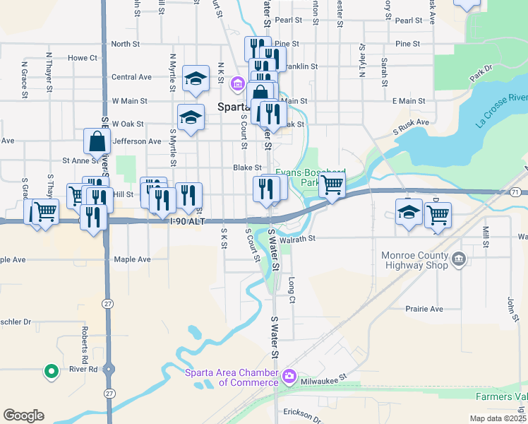 map of restaurants, bars, coffee shops, grocery stores, and more near 110 West Wisconsin Street in Sparta