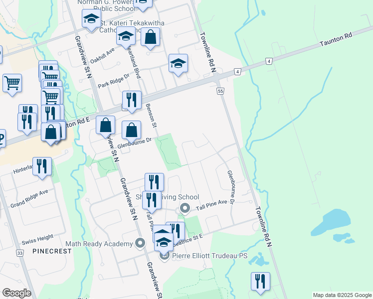map of restaurants, bars, coffee shops, grocery stores, and more near 1259 Meath Drive in Oshawa