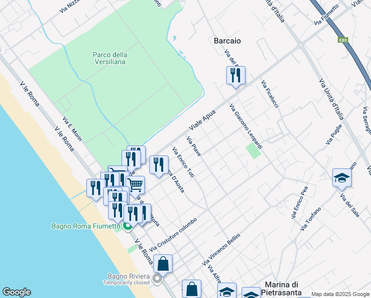 map of restaurants, bars, coffee shops, grocery stores, and more near 29 Via Michelangelo Buonarroti in Pietrasanta