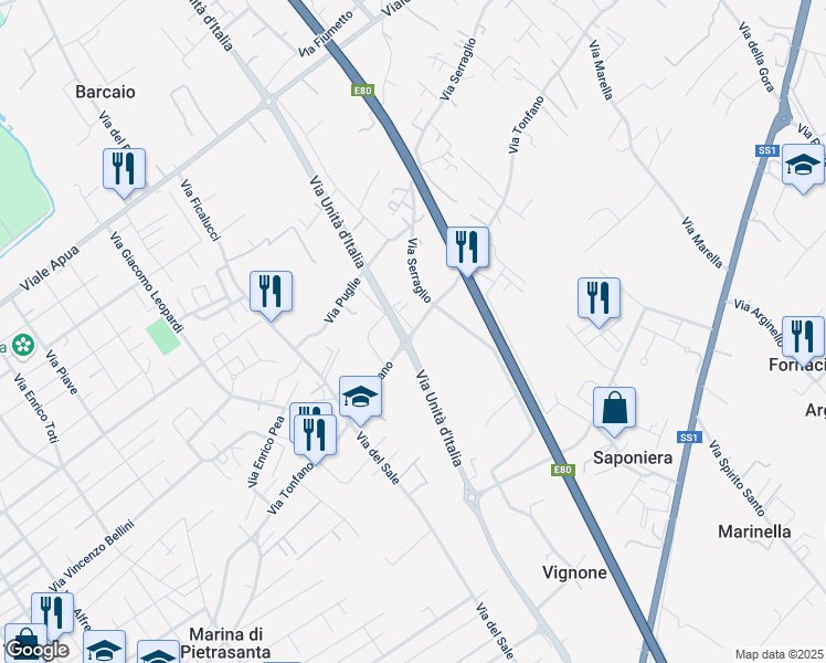 map of restaurants, bars, coffee shops, grocery stores, and more near Via Unità D'Italia in Pietrasanta