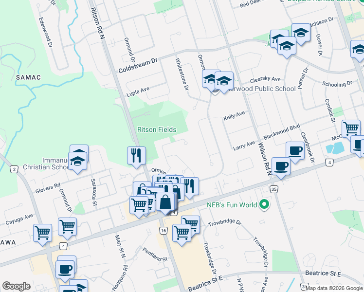 map of restaurants, bars, coffee shops, grocery stores, and more near 411 Pompano Court in Oshawa