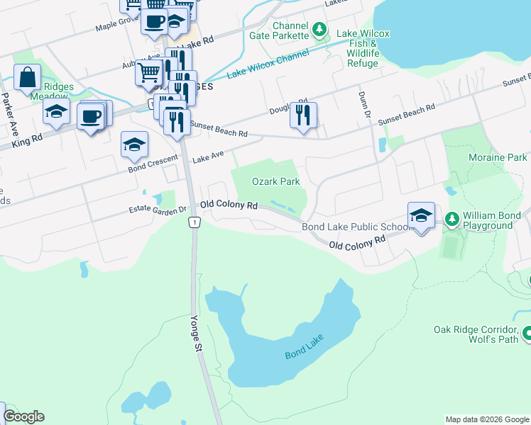 map of restaurants, bars, coffee shops, grocery stores, and more near in Richmond Hill