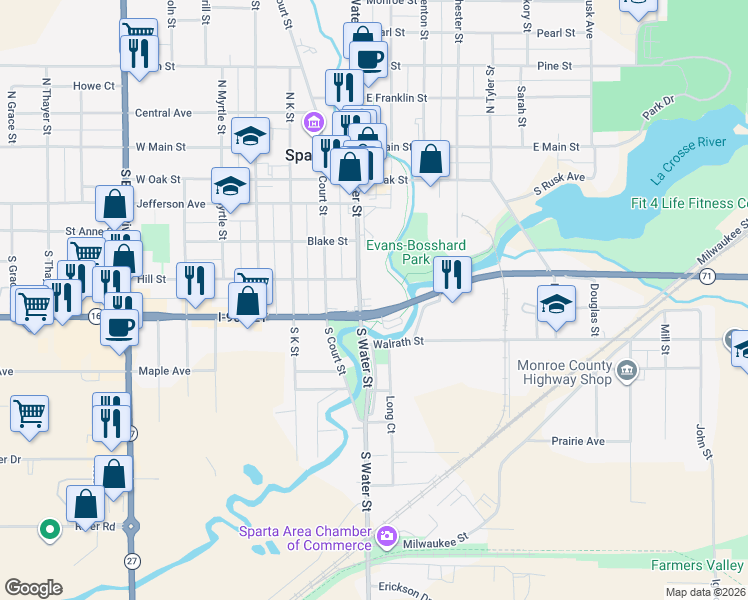 map of restaurants, bars, coffee shops, grocery stores, and more near 505 South Water Street in Sparta