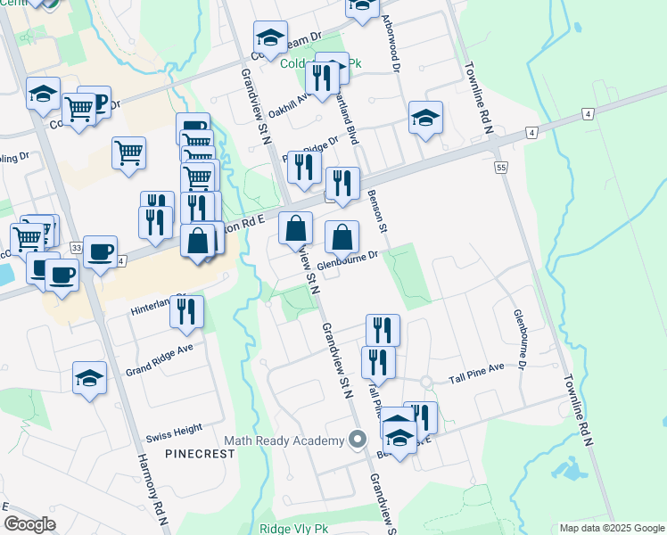map of restaurants, bars, coffee shops, grocery stores, and more near 19 Glenbourne Street in Oshawa