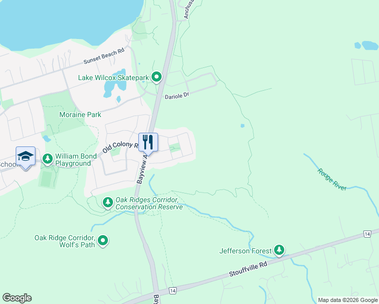 map of restaurants, bars, coffee shops, grocery stores, and more near 68 Maroon Drive in Richmond Hill