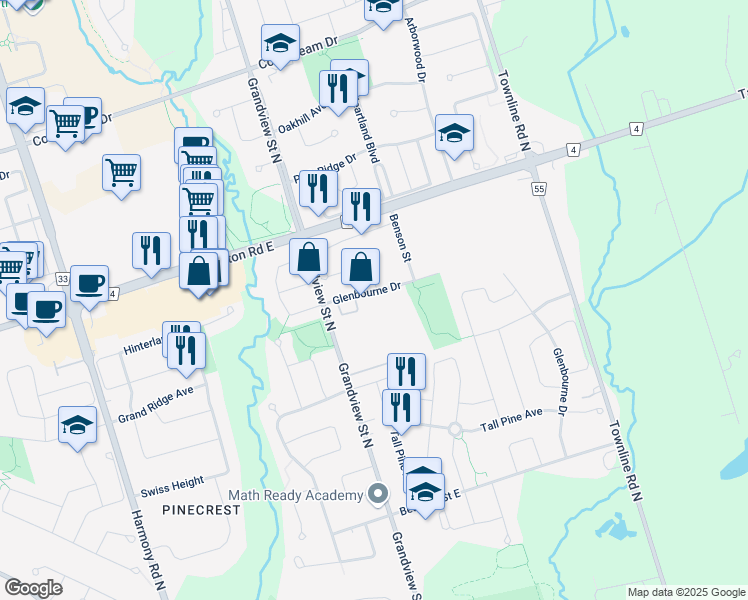 map of restaurants, bars, coffee shops, grocery stores, and more near 1124 Glenbourne Drive in Oshawa