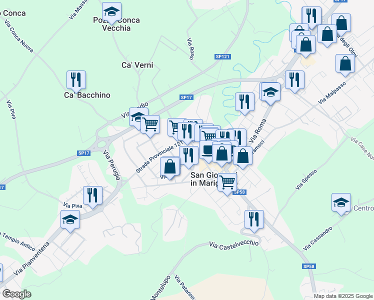 map of restaurants, bars, coffee shops, grocery stores, and more near 15 Via Vittorio Veneto in San Giovanni In Marignano