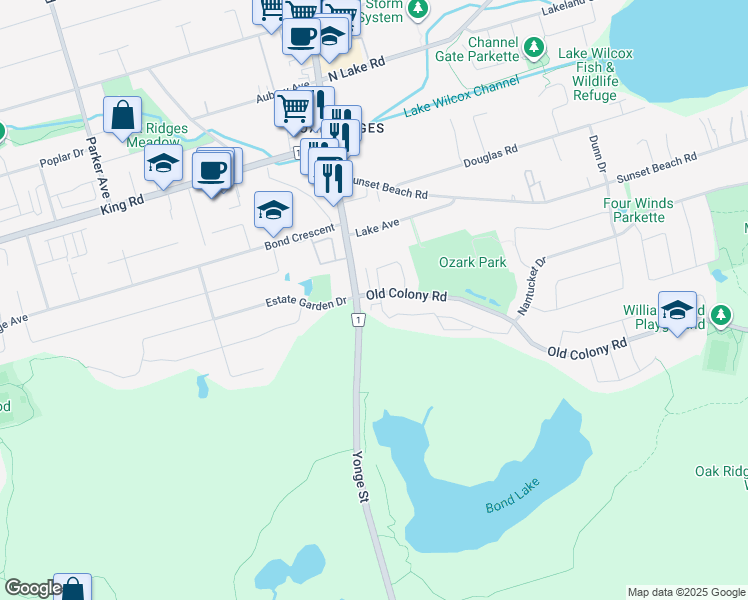 map of restaurants, bars, coffee shops, grocery stores, and more near 9 Old Colony Road in Richmond Hill