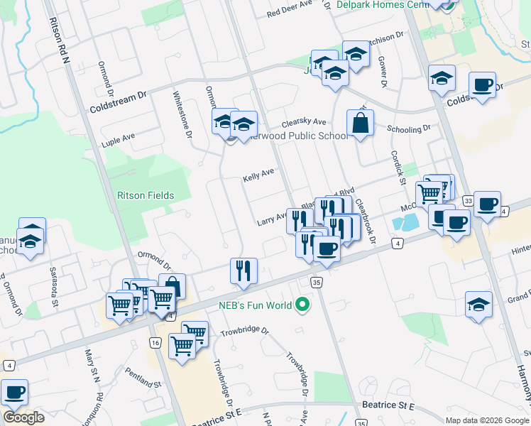 map of restaurants, bars, coffee shops, grocery stores, and more near 500 Larry Avenue in Oshawa