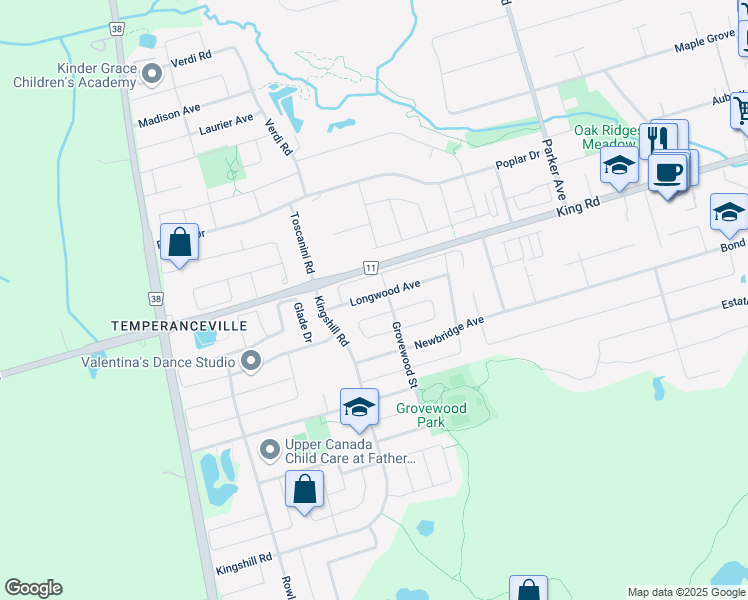 map of restaurants, bars, coffee shops, grocery stores, and more near 39 Longwood Avenue in Richmond Hill