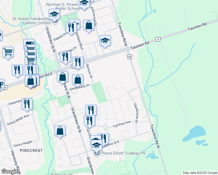 map of restaurants, bars, coffee shops, grocery stores, and more near 1259 Meath Drive in Oshawa