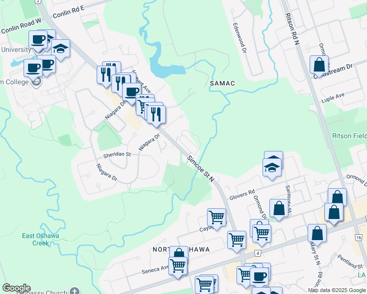 map of restaurants, bars, coffee shops, grocery stores, and more near in Oshawa