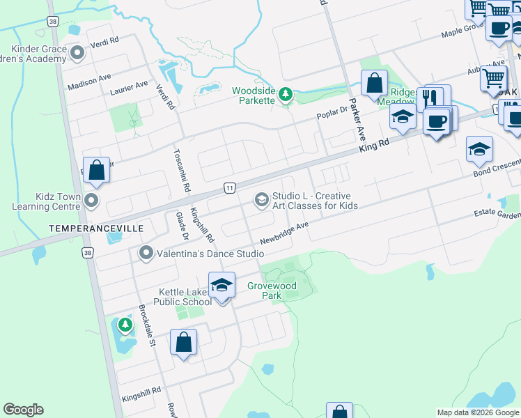 map of restaurants, bars, coffee shops, grocery stores, and more near 18 Waldron Crescent in Richmond Hill