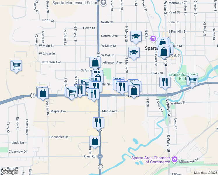 map of restaurants, bars, coffee shops, grocery stores, and more near 614 West Wisconsin Street in Sparta
