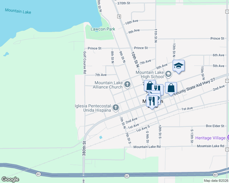 map of restaurants, bars, coffee shops, grocery stores, and more near 412 7th Street South in Mountain Lake