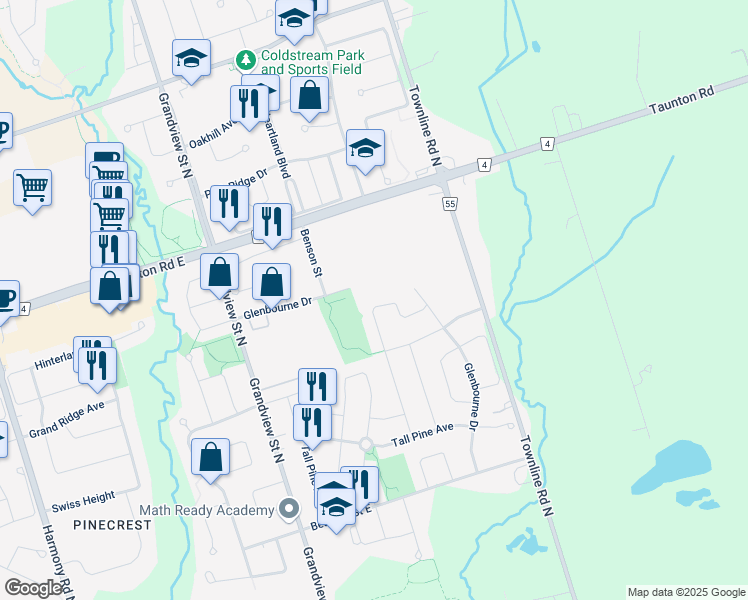 map of restaurants, bars, coffee shops, grocery stores, and more near 1290 Meath Drive in Oshawa