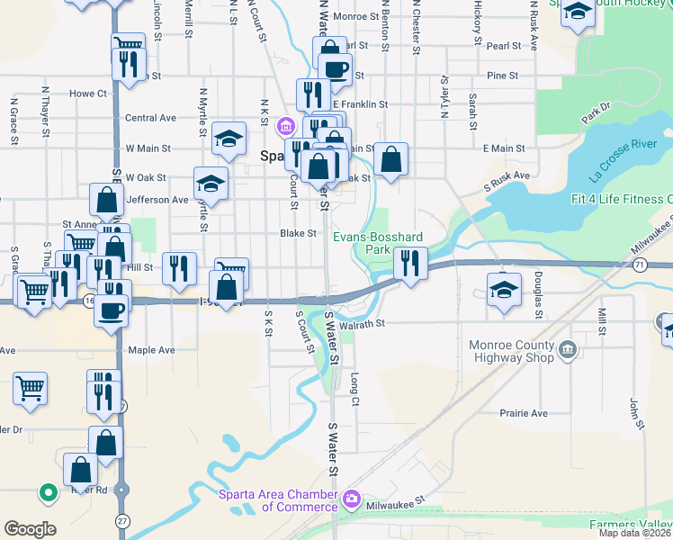 map of restaurants, bars, coffee shops, grocery stores, and more near 505 South Water Street in Sparta