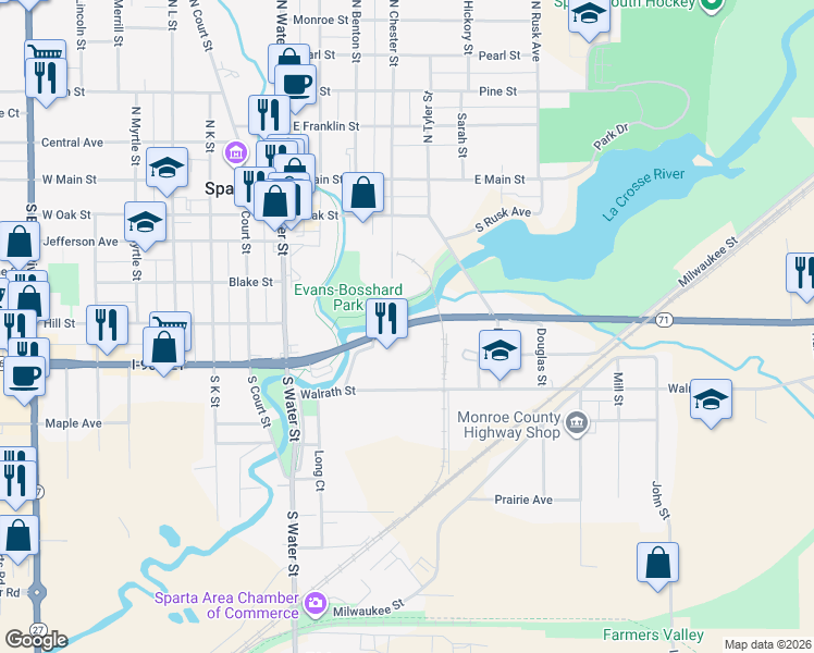 map of restaurants, bars, coffee shops, grocery stores, and more near 427 East Wisconsin Street in Sparta