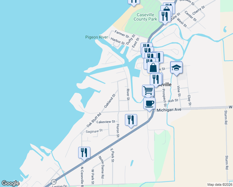map of restaurants, bars, coffee shops, grocery stores, and more near 6909 3rd Street in Caseville