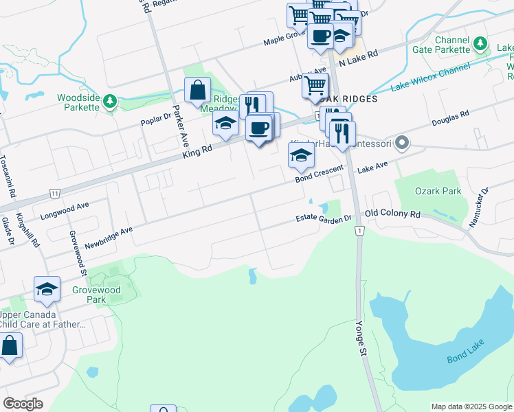 map of restaurants, bars, coffee shops, grocery stores, and more near 114 Timber Valley Avenue in Richmond Hill