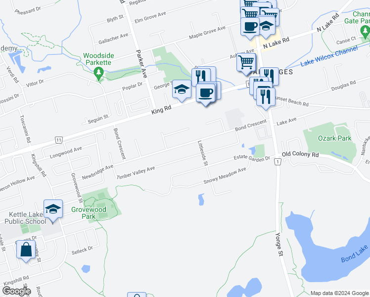 map of restaurants, bars, coffee shops, grocery stores, and more near 48 Bond Crescent in Richmond Hill