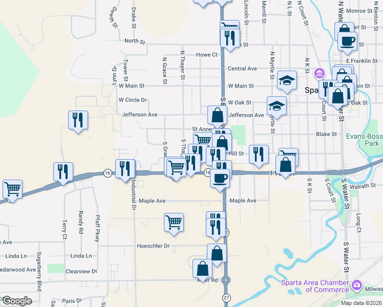 map of restaurants, bars, coffee shops, grocery stores, and more near 417 South Thayer Street in Sparta
