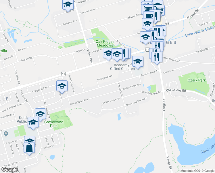 map of restaurants, bars, coffee shops, grocery stores, and more near 55 Bond Crescent in Richmond Hill