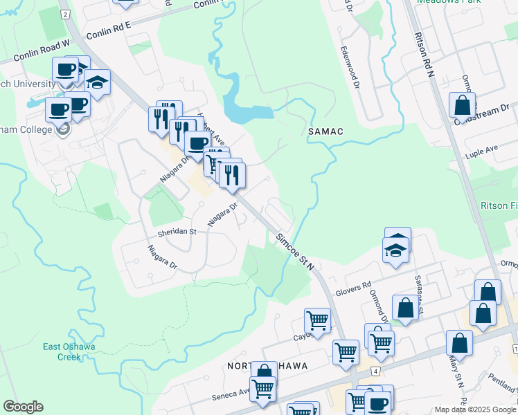 map of restaurants, bars, coffee shops, grocery stores, and more near 1645 Simcoe Street North in Oshawa