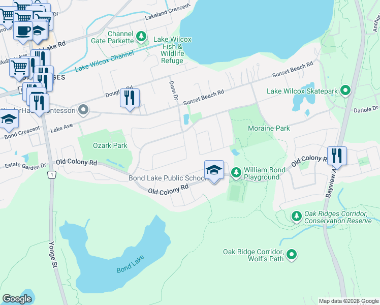 map of restaurants, bars, coffee shops, grocery stores, and more near 89 English Oak Drive in Richmond Hill