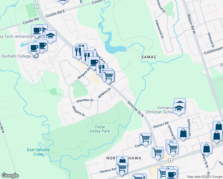 map of restaurants, bars, coffee shops, grocery stores, and more near 1664 Simcoe Street North in Oshawa